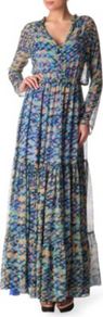 Alexia Printed Gown - neckline: low v-neck; style: maxi dress; predominant colour: pale blue; occasions: casual, evening, holiday; length: floor length; fit: body skimming; fibres: silk - 100%; hip detail: sculpting darts/pleats/seams at hip; sleeve length: long sleeve; sleeve style: standard; texture group: sheer fabrics/chiffon/organza etc.; pattern type: fabric; pattern size: small & busy; pattern: patterned/print