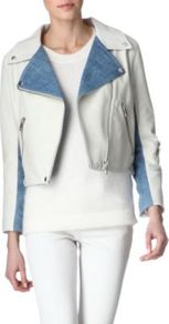 Rita Leather And Denim Jacket - pattern: plain, colourblock; style: biker; collar: asymmetric biker; length: cropped; predominant colour: white; occasions: casual; fit: straight cut (boxy); fibres: leather - 100%; sleeve length: long sleeve; sleeve style: standard; texture group: leather; collar break: medium; pattern type: fabric; pattern size: standard