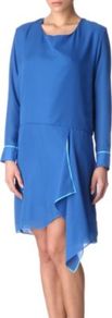 Adelle Tape Dress - style: faux wrap/wrap; neckline: round neck; pattern: plain; waist detail: drop waist, twist front waist detail/nipped in at waist on one side/soft pleats/draping/ruching/gathering waist detail; back detail: cowl/draping/scoop at back, low cut/open back; predominant colour: diva blue; occasions: casual, evening, work, occasion; length: just above the knee; fit: body skimming; fibres: polyester/polyamide - 100%; hip detail: soft pleats at hip/draping at hip/flared at hip; shoulder detail: flat/draping pleats/ruching/gathering at shoulder; sleeve length: long sleeve; sleeve style: standard; texture group: crepes; trends: glamorous day shifts; pattern type: fabric
