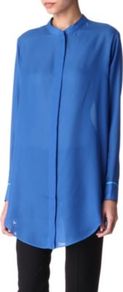 With You Tape Shirt - neckline: mandarin; pattern: plain; length: below the bottom; style: shirt; bust detail: buttons at bust (in middle at breastbone)/zip detail at bust; predominant colour: indigo; occasions: casual, evening, work; fibres: polyester/polyamide - 100%; fit: loose; sleeve length: long sleeve; sleeve style: standard; texture group: sheer fabrics/chiffon/organza etc.; trends: volume; pattern type: fabric