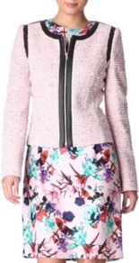 Adeli Boucl Jacket - collar: round collar/collarless; style: boxy; pattern: herringbone/tweed; predominant colour: blush; secondary colour: black; occasions: casual, occasion; length: standard; fit: straight cut (boxy); fibres: cotton - stretch; sleeve length: long sleeve; sleeve style: standard; collar break: high; pattern type: fabric; texture group: tweed - light/midweight