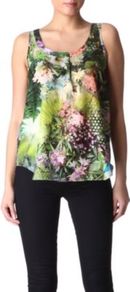Botanical Vest - sleeve style: sleeveless; style: vest top; bust detail: buttons at bust (in middle at breastbone)/zip detail at bust; predominant colour: dark green; occasions: casual, evening, work; length: standard; neckline: scoop; fibres: cotton - mix; fit: loose; sleeve length: sleeveless; texture group: silky - light; pattern type: fabric; pattern size: small & busy; pattern: florals