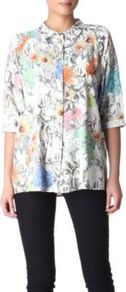 Floral Print Shirt - neckline: shirt collar/peter pan/zip with opening; length: below the bottom; style: shirt; predominant colour: white; occasions: casual, evening, work; fibres: polyester/polyamide - 100%; fit: loose; sleeve length: 3/4 length; sleeve style: standard; texture group: crepes; trends: high impact florals, statement prints; pattern type: fabric; pattern size: standard; pattern: florals