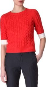 Cable Knit Jumper - length: cropped; style: standard; pattern: cable knit; predominant colour: true red; occasions: casual, work; fibres: cotton - mix; fit: slim fit; neckline: crew; sleeve length: half sleeve; sleeve style: standard; texture group: knits/crochet; pattern type: knitted - other; pattern size: standard