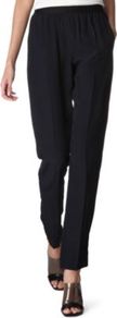 Elastic Waist Trousers - length: standard; pattern: plain; waist detail: elasticated waist; style: peg leg; pocket detail: pockets at the sides; waist: mid/regular rise; predominant colour: black; occasions: casual, evening, work; fibres: polyester/polyamide - 100%; hip detail: front pleats at hip level; texture group: silky - light; fit: tapered; pattern type: fabric; pattern size: standard