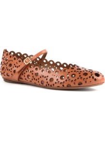 Verity Scalloped Leather Pumps - predominant colour: tan; occasions: casual, work; material: leather; heel height: flat; embellishment: buckles; ankle detail: ankle strap; toe: round toe; style: ballerinas / pumps; finish: plain; pattern: patterned/print, plain