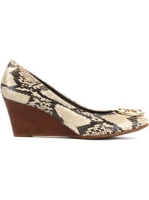 Sally Mock Snake Leather Wedge Courts - predominant colour: nude; occasions: casual, evening, work; material: leather; heel height: mid; embellishment: buckles, chain/metal; heel: wedge; toe: round toe; style: courts; finish: plain; pattern: animal print