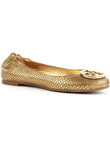 Reva Metallic Leather Pumps - predominant colour: gold; occasions: casual, evening, work, occasion, holiday; material: leather; heel height: flat; embellishment: elasticated, snaffles, studs, chain/metal; toe: round toe; style: ballerinas / pumps; trends: metallics; finish: metallic; pattern: animal print, monogram, plain