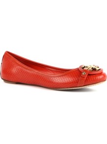 Aaden Embossed Leather Pumps - predominant colour: bright orange; occasions: casual, evening, work, holiday; material: leather; heel height: flat; embellishment: snaffles, studs, chain/metal; toe: round toe; style: ballerinas / pumps; trends: fluorescent; finish: plain; pattern: animal print, monogram, plain