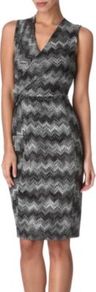Crochet Knit Dress - style: faux wrap/wrap; neckline: v-neck; sleeve style: sleeveless; waist detail: fitted waist, twist front waist detail/nipped in at waist on one side/soft pleats/draping/ruching/gathering waist detail, belted waist/tie at waist/drawstring; predominant colour: charcoal; occasions: evening, work, occasion; length: on the knee; fit: body skimming; fibres: polyester/polyamide - 100%; hip detail: soft pleats at hip/draping at hip/flared at hip; sleeve length: sleeveless; pattern type: fabric; pattern size: standard; pattern: patterned/print; texture group: jersey - stretchy/drapey