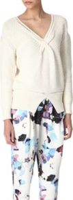 Cotton Blend Jumper - neckline: low v-neck; style: standard; hip detail: fitted at hip, added detail/embellishment at hip; bust detail: ruching/gathering/draping/layers/pintuck pleats at bust, knot twist front detail at bust; predominant colour: ivory; occasions: casual; length: standard; fibres: cotton - mix; fit: standard fit; sleeve length: long sleeve; sleeve style: standard; texture group: knits/crochet; pattern type: knitted - other; pattern size: standard