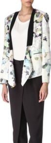 Silk Floral Jacket - style: single breasted blazer; shoulder detail: shoulder pads; collar: standard lapel/rever collar; predominant colour: white; secondary colour: black; occasions: evening, work, occasion; length: standard; fit: tailored/fitted; fibres: silk - 100%; sleeve length: long sleeve; sleeve style: standard; texture group: structured shiny - satin/tafetta/silk etc.; collar break: low/open; pattern type: fabric; pattern size: big & busy; pattern: florals