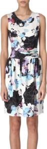 Floral Silk Dress - style: shift; neckline: round neck; fit: fitted at waist; sleeve style: sleeveless; back detail: contrast pattern/fabric at back; occasions: evening, occasion; length: just above the knee; fibres: silk - 100%; predominant colour: multicoloured; sleeve length: sleeveless; texture group: silky - light; trends: high impact florals; pattern type: fabric; pattern size: big & busy; pattern: florals