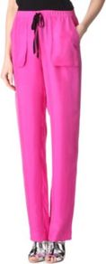 Aruru Trousers - length: standard; pattern: plain; waist detail: elasticated waist, belted waist/tie at waist/drawstring; hip detail: front pockets at hip; waist: high rise; pocket detail: pockets at the sides; predominant colour: hot pink; occasions: casual, evening, occasion, holiday; fibres: silk - 100%; texture group: silky - light; trends: sporty redux, fluorescent; fit: straight leg; pattern type: fabric; style: standard