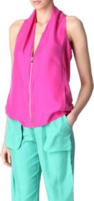 Kelzer Top - neckline: low v-neck; pattern: plain; sleeve style: sleeveless; bust detail: added detail/embellishment at bust, buttons at bust (in middle at breastbone)/zip detail at bust; hip detail: side pockets at hip, sculpting darts/pleats/seams at hip; back detail: racer back/sports back, low cut/open back, crossover, keyhole/peephole detail at back; predominant colour: hot pink; occasions: casual, evening; length: standard; style: top; fibres: silk - 100%; fit: loose; shoulder detail: flat/draping pleats/ruching/gathering at shoulder; sleeve length: sleeveless; texture group: silky - light; trends: fluorescent; pattern type: fabric; pattern size: standard