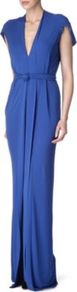 Tie Waist Gown - style: ballgown; neckline: low v-neck; sleeve style: dolman/batwing; fit: fitted at waist; pattern: plain; waist detail: twist front waist detail/nipped in at waist on one side/soft pleats/draping/ruching/gathering waist detail; predominant colour: royal blue; occasions: evening, occasion; length: floor length; fibres: viscose/rayon - stretch; hip detail: structured pleats at hip; sleeve length: short sleeve; pattern type: fabric; texture group: jersey - stretchy/drapey
