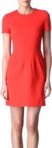 Yazmine Dress - style: shift; length: mid thigh; fit: tailored/fitted; pattern: plain; waist detail: twist front waist detail/nipped in at waist on one side/soft pleats/draping/ruching/gathering waist detail; predominant colour: true red; occasions: casual, evening, work; fibres: polyester/polyamide - stretch; neckline: crew; sleeve length: short sleeve; sleeve style: standard; texture group: crepes; trends: fluorescent; pattern type: fabric