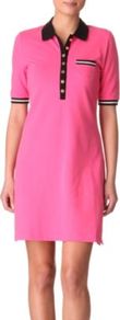 Malibu Tennis Dress - style: shirt; length: mid thigh; neckline: shirt collar/peter pan/zip with opening; bust detail: buttons at bust (in middle at breastbone)/zip detail at bust; predominant colour: hot pink; secondary colour: black; occasions: casual, holiday; fit: straight cut; fibres: cotton - stretch; sleeve length: short sleeve; sleeve style: standard; trends: sporty redux; pattern type: fabric; pattern size: standard; pattern: colourblock; texture group: jersey - stretchy/drapey