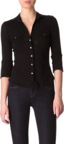 Jersey Shirt - neckline: shirt collar/peter pan/zip with opening; pattern: plain; waist detail: fitted waist; style: shirt; bust detail: pocket detail at bust, buttons at bust (in middle at breastbone)/zip detail at bust; predominant colour: black; occasions: casual, evening, work; length: standard; fibres: cotton - 100%; fit: body skimming; sleeve length: 3/4 length; sleeve style: standard; texture group: cotton feel fabrics; pattern type: fabric; pattern size: standard