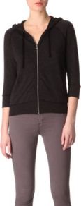 Zip Up Hoody - neckline: v-neck; sleeve style: raglan; pattern: plain; bust detail: added detail/embellishment at bust, buttons at bust (in middle at breastbone)/zip detail at bust; waist detail: fitted waist, wide waistband/cummerbund; back detail: hood; style: sweat top; predominant colour: black; occasions: casual; length: standard; fibres: polyester/polyamide - 100%; fit: straight cut; sleeve length: 3/4 length; trends: sporty redux; pattern type: fabric; pattern size: standard; texture group: jersey - stretchy/drapey