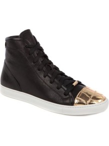 Lima Leather Trainers - predominant colour: black; occasions: casual; material: leather; heel height: flat; embellishment: ribbon, toe cap; toe: round toe; style: trainers; trends: sporty redux, metallics; finish: metallic; pattern: plain, two-tone