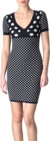 Paule Jacquard Dress - length: mid thigh; neckline: low v-neck; fit: tight; style: bodycon; pattern: polka dot; secondary colour: white; occasions: casual, evening; fibres: wool - stretch; sleeve length: short sleeve; sleeve style: standard; predominant colour: monochrome; pattern type: fabric; pattern size: small & busy; texture group: woven light midweight