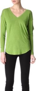 Long Sleeved Top - neckline: v-neck; pattern: plain; style: t-shirt; hip detail: fitted at hip, dip hem; bust detail: ruching/gathering/draping/layers/pintuck pleats at bust; predominant colour: emerald green; occasions: casual, work; length: standard; fibres: linen - mix; fit: straight cut; sleeve length: long sleeve; sleeve style: standard; trends: fluorescent; pattern type: fabric; pattern size: small & light; texture group: jersey - stretchy/drapey