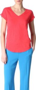 Short Sleeved T Shirt - neckline: v-neck; pattern: plain; style: t-shirt; predominant colour: coral; occasions: casual, work; length: standard; fibres: linen - mix; fit: straight cut; sleeve length: short sleeve; sleeve style: standard; pattern type: fabric; texture group: jersey - stretchy/drapey