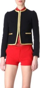 Sacha Jacket - pattern: plain; collar: round collar/collarless; style: boxy; predominant colour: navy; secondary colour: gold; occasions: casual, evening, work, occasion; length: standard; fit: straight cut (boxy); fibres: cotton - stretch; sleeve length: long sleeve; sleeve style: standard; texture group: cotton feel fabrics; collar break: high; pattern type: fabric