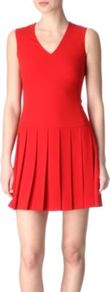 Vix Pleated Dress - length: mid thigh; neckline: v-neck; pattern: plain; sleeve style: sleeveless; predominant colour: true red; occasions: casual, evening; fit: fitted at waist & bust; style: fit & flare; fibres: polyester/polyamide - mix; hip detail: sculpting darts/pleats/seams at hip; sleeve length: sleeveless; texture group: crepes; pattern type: fabric