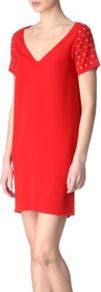 Claire Dress - style: shift; length: mini; neckline: low v-neck; pattern: plain; predominant colour: true red; occasions: casual, evening; fit: body skimming; sleeve length: short sleeve; sleeve style: standard; texture group: jersey - stretchy/drapey; embellishment: studs; fibres: viscose/rayon - mix