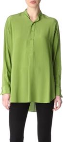 Clarence Silk Shirt - neckline: mandarin; pattern: plain; length: below the bottom; style: shirt; bust detail: buttons at bust (in middle at breastbone)/zip detail at bust; predominant colour: lime; occasions: casual, work; fibres: silk - 100%; fit: loose; back detail: longer hem at back than at front; sleeve length: long sleeve; sleeve style: standard; texture group: crepes; trends: volume; pattern type: fabric