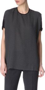 Polka Dot Top - sleeve style: dolman/batwing; length: below the bottom; pattern: polka dot; back detail: contrast pattern/fabric at back; predominant colour: black; occasions: casual, work; style: top; fibres: silk - mix; fit: loose; neckline: crew; sleeve length: short sleeve; texture group: crepes; trends: volume; pattern type: fabric; pattern size: small & busy