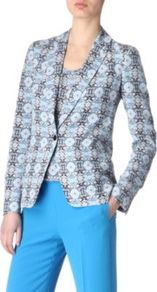 Deauville Printed Jacket - style: single breasted blazer; collar: standard lapel/rever collar; predominant colour: pale blue; secondary colour: mid grey; occasions: casual, evening, work; length: standard; fit: tailored/fitted; fibres: silk - 100%; waist detail: fitted waist; sleeve length: long sleeve; sleeve style: standard; texture group: structured shiny - satin/tafetta/silk etc.; collar break: medium; pattern type: fabric; pattern size: small & busy; pattern: patterned/print