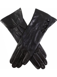 Buttoned Leather Gloves - predominant colour: black; occasions: casual, evening, work, occasion; type of pattern: standard; style: standard; length: wrist; material: leather; embellishment: button; pattern: plain