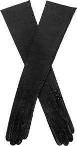 Long Unlined Leather Gloves - predominant colour: black; occasions: evening, occasion; type of pattern: standard; style: evening; length: elbow; material: leather; embellishment: button; pattern: plain