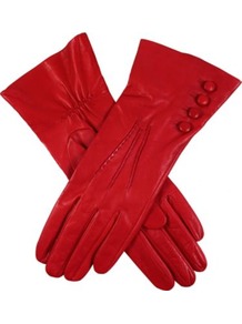 Buttoned Leather Gloves - predominant colour: true red; occasions: casual, evening, work; type of pattern: standard; style: standard; length: wrist; material: leather; embellishment: button; pattern: plain