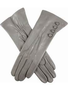 Buttoned Leather Gloves - predominant colour: light grey; occasions: casual, evening, work; type of pattern: standard; style: standard; length: wrist; material: leather; embellishment: button; pattern: plain