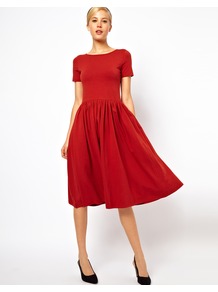 Midi Dress With Short Sleeves - length: below the knee; neckline: round neck; pattern: plain; waist detail: twist front waist detail/nipped in at waist on one side/soft pleats/draping/ruching/gathering waist detail; predominant colour: bright orange; occasions: evening, work; fit: fitted at waist & bust; style: fit & flare; fibres: cotton - stretch; hip detail: soft pleats at hip/draping at hip/flared at hip; sleeve length: short sleeve; sleeve style: standard; trends: volume; pattern type: fabric; texture group: jersey - stretchy/drapey