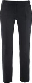 Carissa Trousers - pattern: plain; pocket detail: small back pockets, pockets at the sides; waist: mid/regular rise; predominant colour: navy; occasions: casual, evening, work; length: ankle length; fibres: polyester/polyamide - stretch; hip detail: fitted at hip (bottoms); waist detail: narrow waistband; fit: slim leg; pattern type: fabric; pattern size: standard; texture group: woven light midweight; style: standard