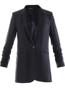 Heather Crepe Jacket - pattern: plain; style: single breasted blazer; hip detail: side pockets at hip; length: below the bottom; collar: standard lapel/rever collar; predominant colour: navy; occasions: casual, evening, work, occasion; fit: tailored/fitted; fibres: polyester/polyamide - 100%; sleeve length: long sleeve; sleeve style: standard; texture group: crepes; collar break: low/open; pattern type: fabric; pattern size: standard