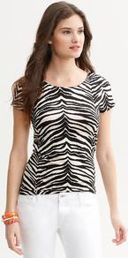 Luxe Touch Zebra Print Tee - neckline: round neck; style: t-shirt; predominant colour: ivory; secondary colour: black; occasions: casual; length: standard; fibres: cotton - mix; fit: body skimming; sleeve length: short sleeve; sleeve style: standard; texture group: jersey - clingy; pattern type: fabric; pattern size: big & busy; pattern: animal print