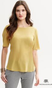 Br Monogram - pattern: plain; predominant colour: gold; occasions: casual, work; length: standard; style: top; fibres: silk - 100%; fit: body skimming; neckline: crew; sleeve length: short sleeve; sleeve style: standard; texture group: silky - light; pattern type: fabric