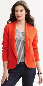 Zip Pocket Sweater Blazer - pattern: plain; style: single breasted blazer; collar: shawl/waterfall; predominant colour: bright orange; occasions: casual, work; length: standard; fit: straight cut (boxy); fibres: cotton - stretch; sleeve length: long sleeve; sleeve style: standard; texture group: cotton feel fabrics; collar break: low/open