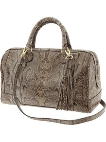 Evan Exotic Satchel - predominant colour: taupe; occasions: casual; style: bowling; length: across body/long; size: standard; material: leather; pattern: animal print; finish: plain