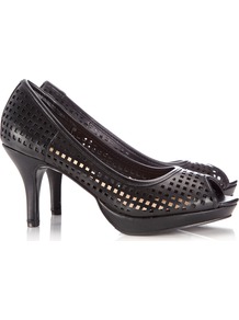 Black Peeptoe Platform Shoe - predominant colour: black; occasions: evening, work, occasion, holiday; material: faux leather; heel height: mid; heel: stiletto; toe: open toe/peeptoe; style: courts; finish: plain; pattern: plain