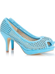 Blue Peep Toe Platform Shoe - predominant colour: pale blue; occasions: evening, occasion, holiday; material: faux leather; heel height: mid; heel: stiletto; toe: open toe/peeptoe; style: courts; finish: plain; pattern: plain
