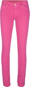 Skinny Jean - style: skinny leg; length: standard; pattern: plain; pocket detail: traditional 5 pocket; waist: mid/regular rise; predominant colour: hot pink; occasions: casual, evening, holiday; fibres: cotton - stretch; texture group: denim; trends: fluorescent; pattern type: fabric