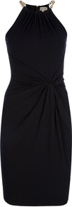 Chain Link Dress - style: shift; fit: tight; pattern: plain; sleeve style: sleeveless; neckline: halter neck; back detail: racer back/sports back; waist detail: twist front waist detail/nipped in at waist on one side/soft pleats/draping/ruching/gathering waist detail; predominant colour: black; occasions: evening, occasion; length: just above the knee; fibres: polyester/polyamide - 100%; sleeve length: sleeveless; pattern type: fabric; texture group: other - stretchy; embellishment: chain/metal
