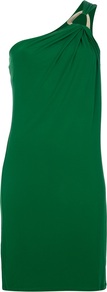 One Shoulder Dress - neckline: v-neck; pattern: plain; sleeve style: sleeveless; style: asymmetric (top); bust detail: ruching/gathering/draping/layers/pintuck pleats at bust; predominant colour: emerald green; occasions: evening, occasion; length: just above the knee; fit: body skimming; fibres: polyester/polyamide - 100%; shoulder detail: added shoulder detail, asymmetric shoulder detail/one shoulder; sleeve length: sleeveless; pattern type: fabric; pattern size: standard; texture group: jersey - stretchy/drapey